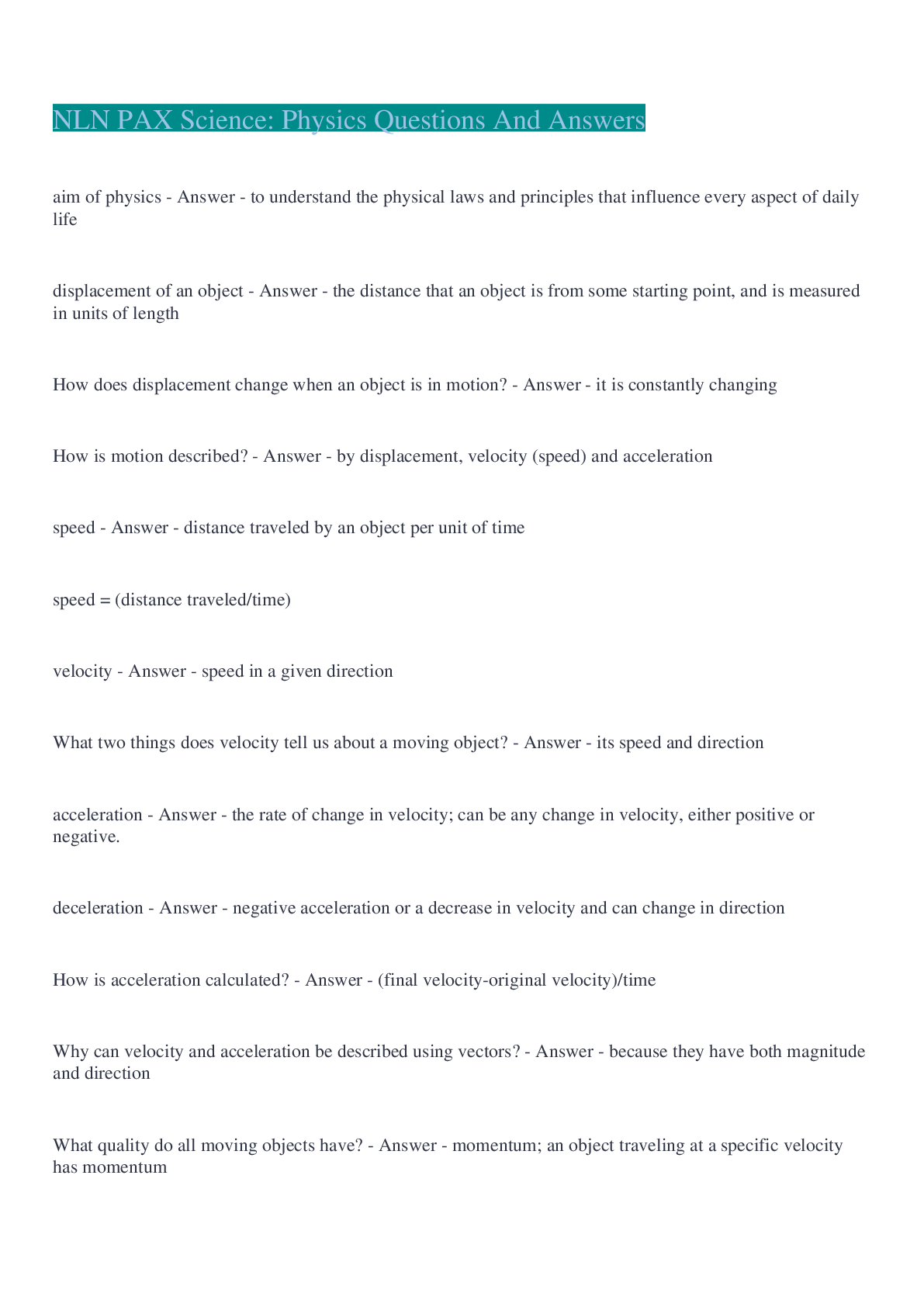 Preview of NLN PAX Science: Physics Questions And Answers  2022/2023
